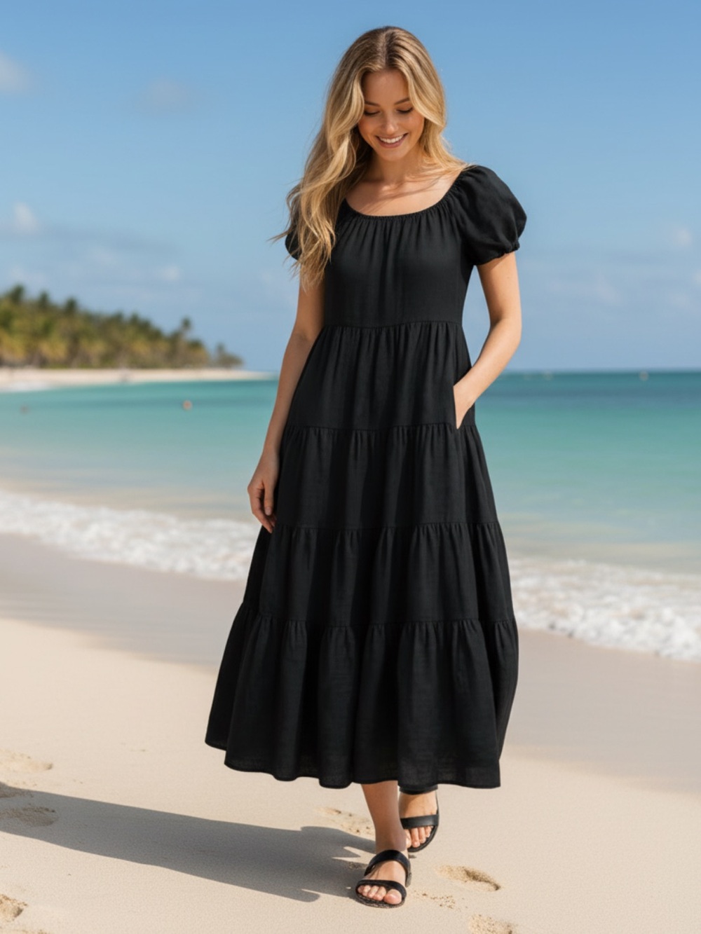 Young Fabulous & Broke Puff Sleeve Tiered‎ Maxi Dress w/Pockets, Black, Size S